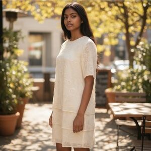 Brilliante Vintage Beaded 100% Silk Shift Dress Size L Ivory Wedding Bridal